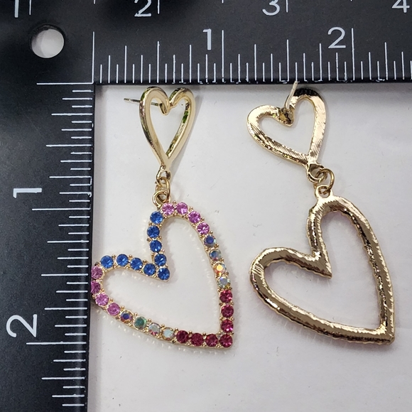 Gold and Multi Color Crystal Heart Drop Earrings - Picture 6 of 6